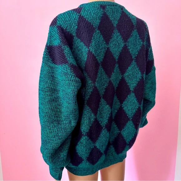 Vintage Women's XL Grunge 90's Green and Pink Argyle Sweater - Picture 6 of 8
